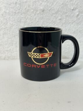 Corvette Classic Flag Logo Black Ceramic Coffee Mug Gold-Trimmed VTG Taiwan